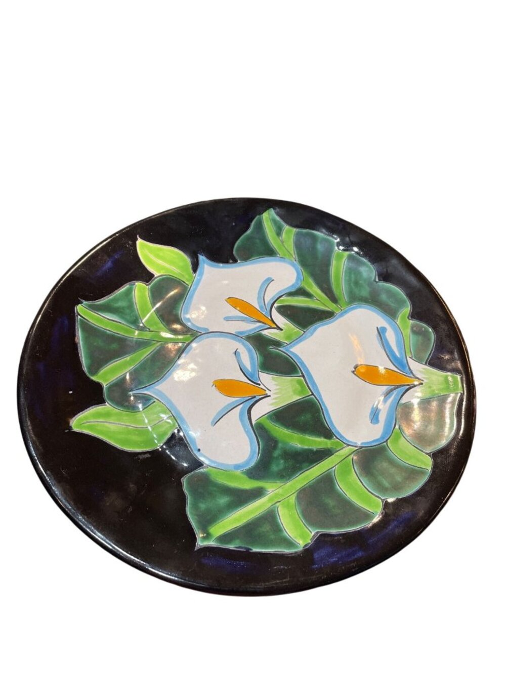 Mexico Handmade ceramic black green floral round wall decor SKU 10-272